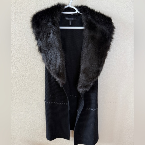 White House Black Market Sweaters - White House Black Market Black Faux Fur-Trim Sleeveless Knit Vest